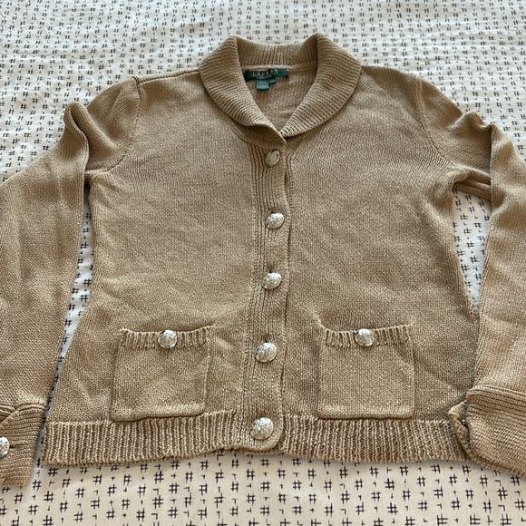 Vintage Ralph Lauren lady jacket, tan, cotton w/ silver buttons, size Mp - Picture 1 of 8